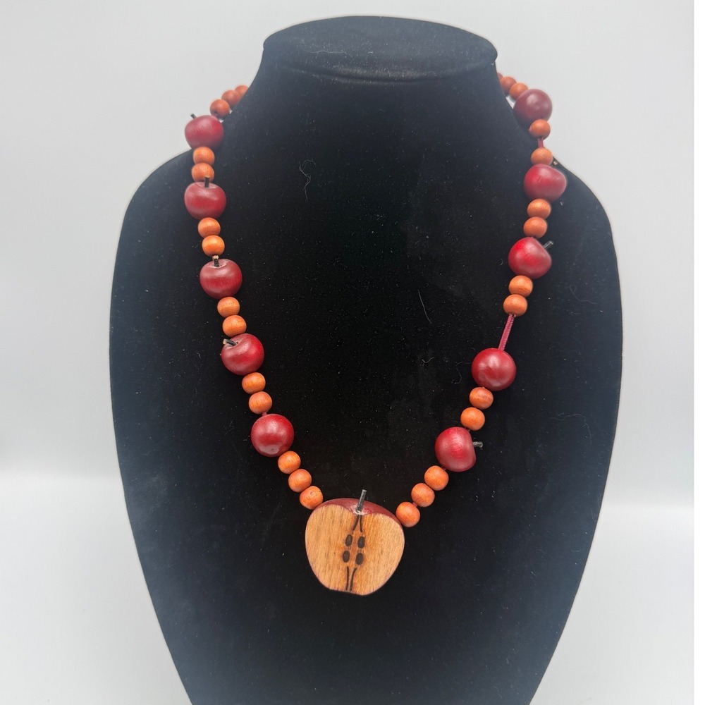 Vintage Handcrafted Wood Apple Bead Necklace Red Teacher Gift Fall Folk Art 22in